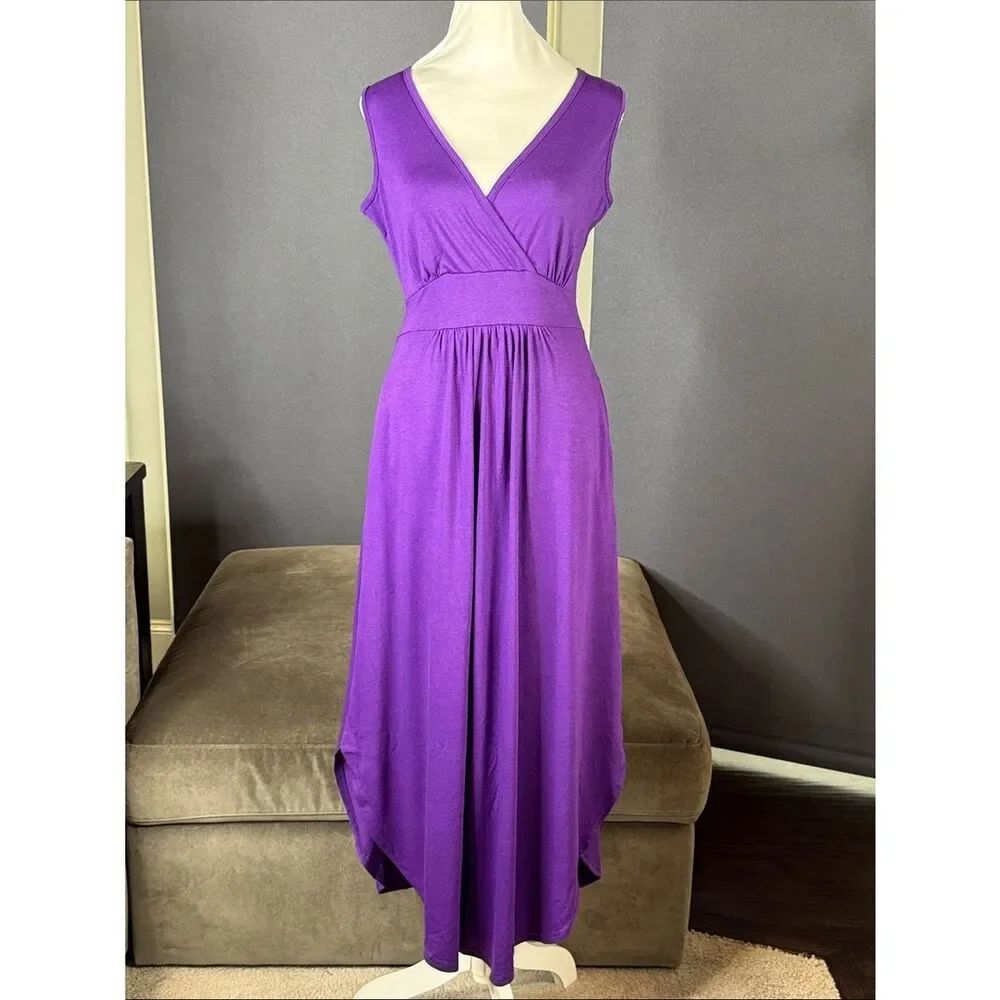 Women’s Woosea Sleeveless Purple V-Neck Maxi Dress Pockets Size S NWT
